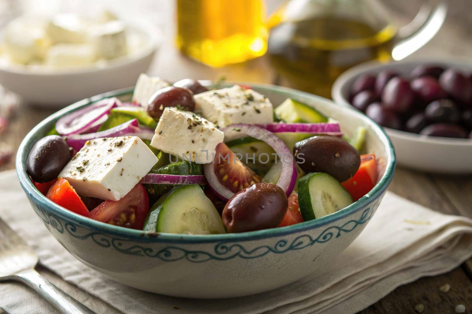 A colorful Greek salad featuring ripe tomatoes, crisp cucumbers, red onions, olives, and feta cheese, garnished with herbs.