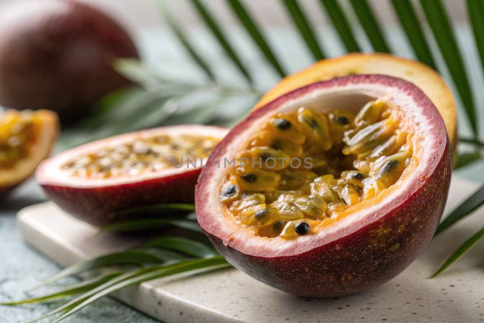 Bright yellow-orange passion fruit is cut in half, revealing its juicy, pulpy interior filled with edible seeds. Vibrant tropical leaves enhance the fresh and exotic atmosphere of the kitchen.