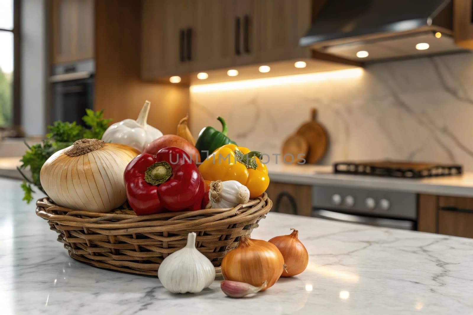A rustic basket filled with colorful vegetables including red and yellow peppers, onions, garlic, and herbs sits on a modern kitchen countertop illuminated by natural light.