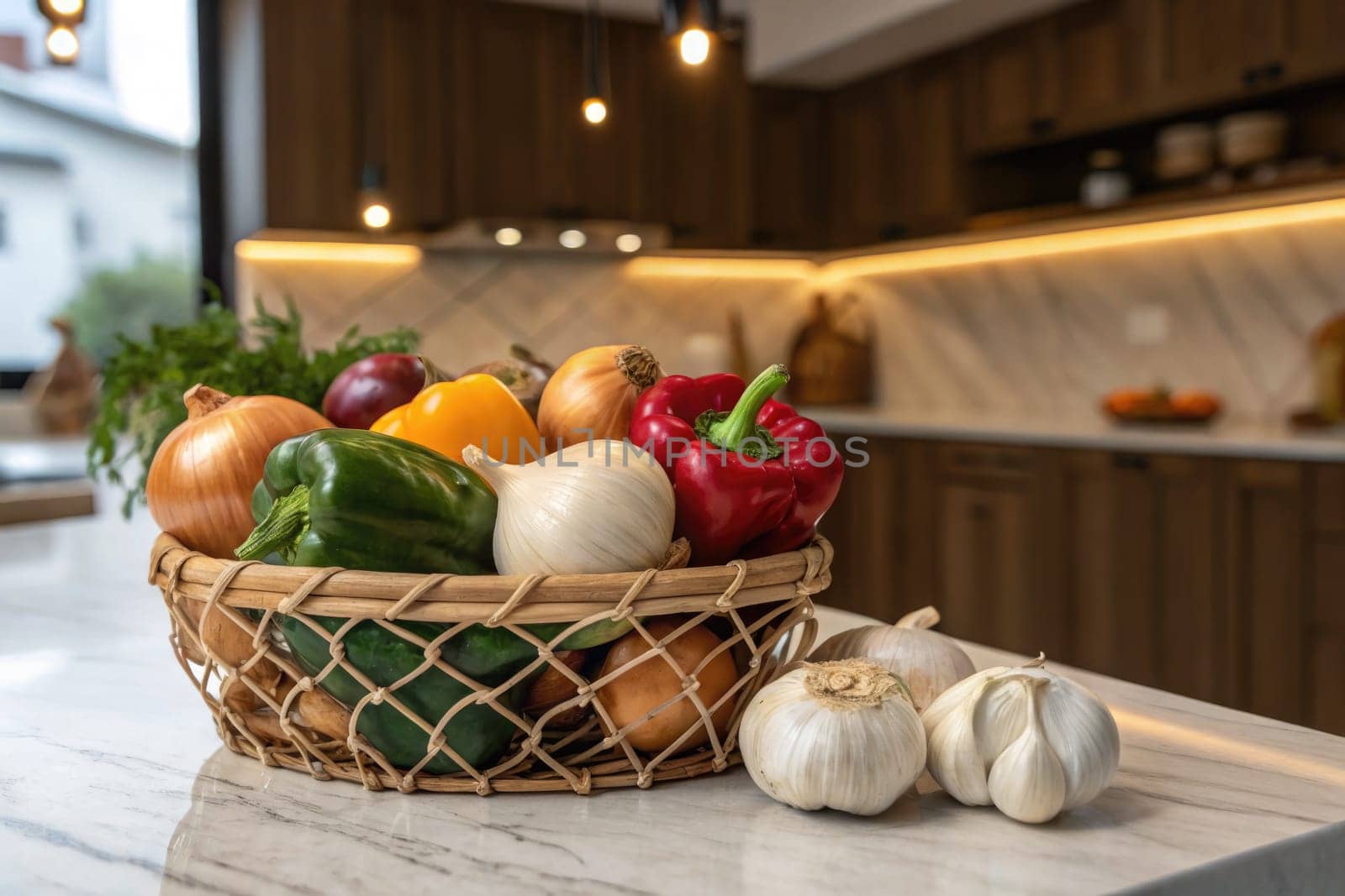 A woven basket filled with various fresh vegetables, including peppers, onions, and garlic, sits on kitchen countertops. The modern kitchen features warm lighting, creating an inviting atmosphere.