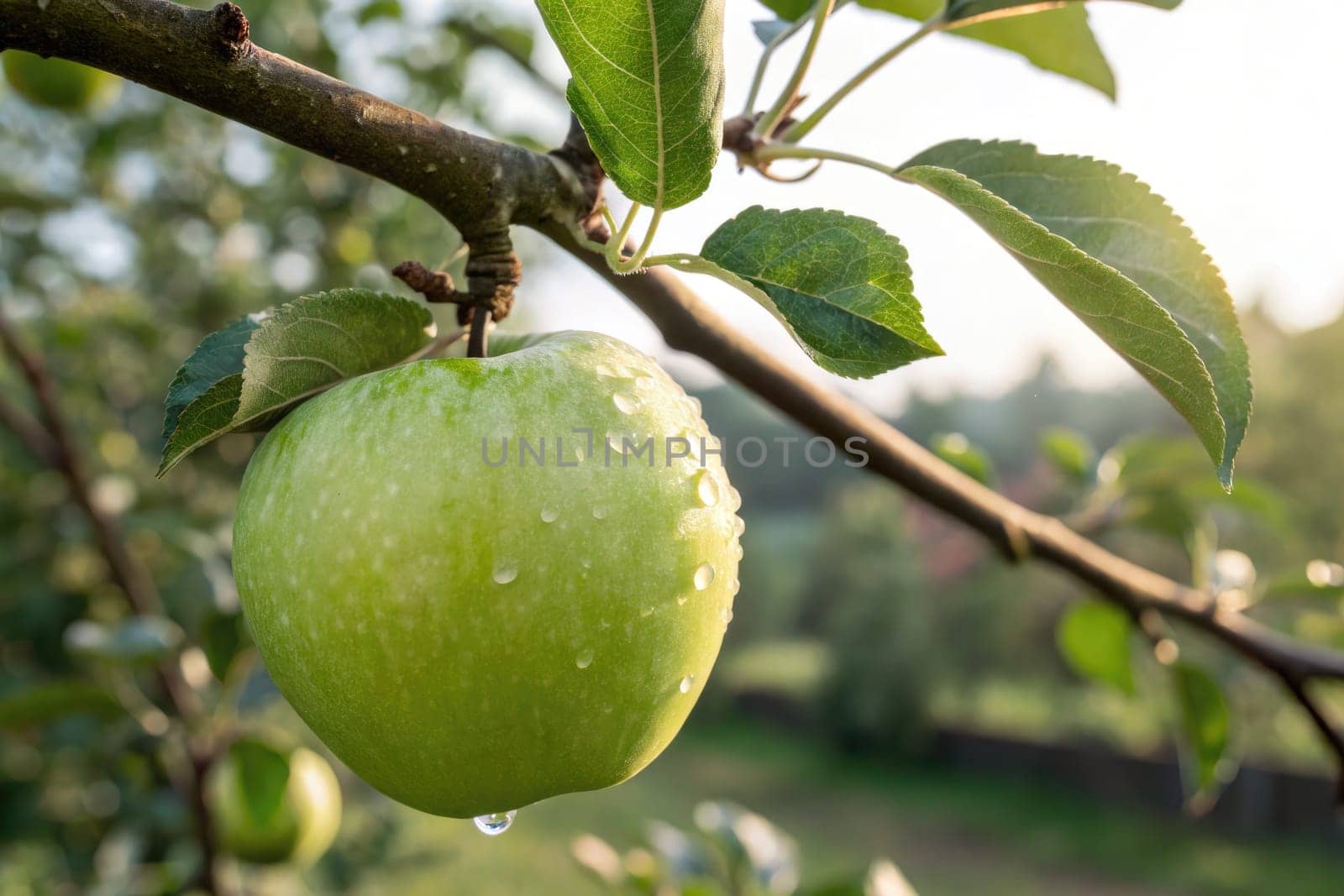A bright green apple hangs from a tree branch, glistening with droplets of water. Sunlight filters through the leaves, illuminating the fruit and its surroundings in the early morning.