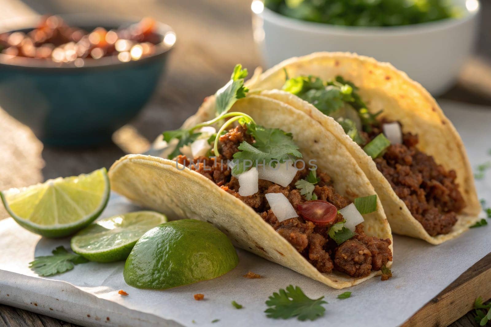 Two delicious tacos filled with seasoned meat, topped with cilantro and onions, are served with lime wedges on a wooden table. A bowl of beans is visible in the background.