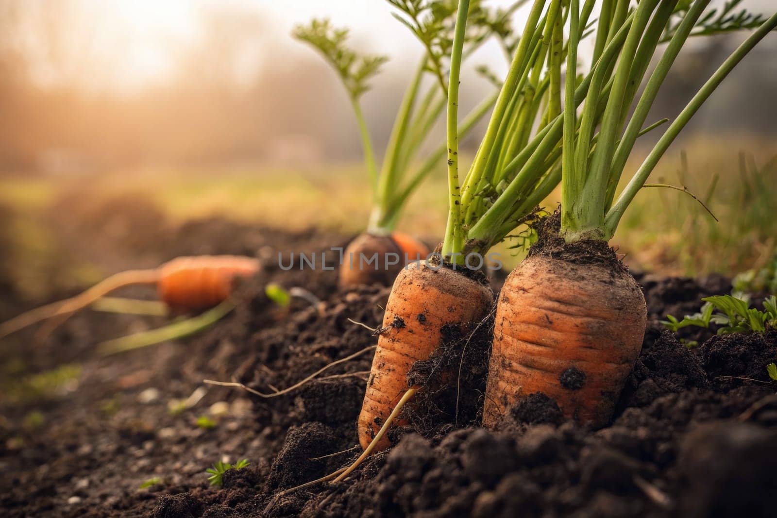 Carrots emerge from dark soil, showcasing their vibrant orange color. Sunlight gently illuminates the garden, highlighting the healthy greens above. Nature thrives in this twilight setting.