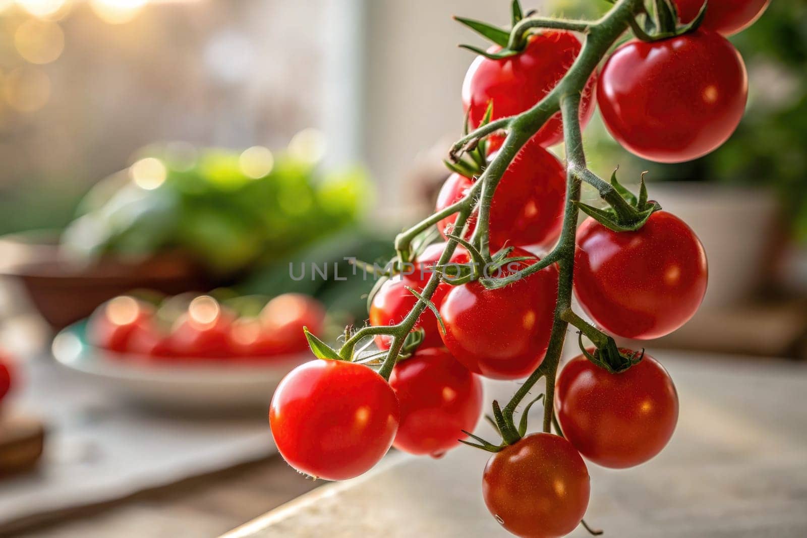 A cluster of vibrant cherry tomatoes hangs from a green vine, illuminated by warm sunlight. In the background, green herbs and additional tomatoes create a fresh kitchen atmosphere.