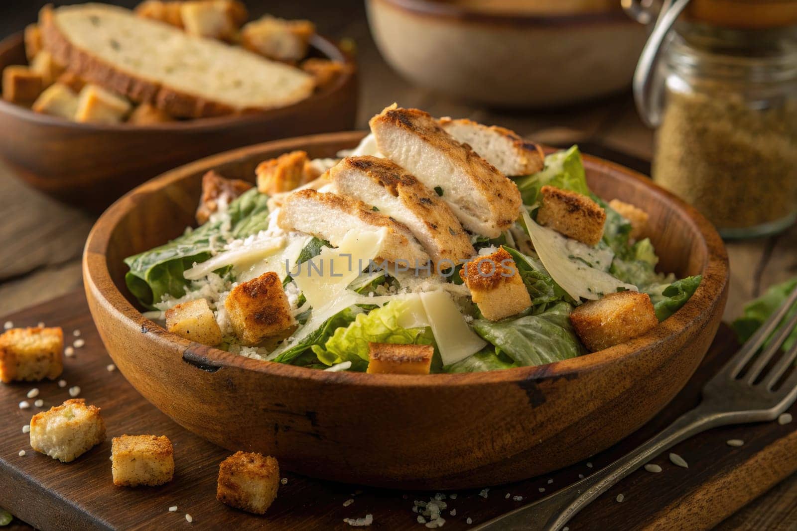 A richly layered Caesar salad features crisp romaine lettuce, tender grilled chicken slices, flaky Parmesan cheese, and crunchy croutons, all arranged beautifully on a wooden platter.