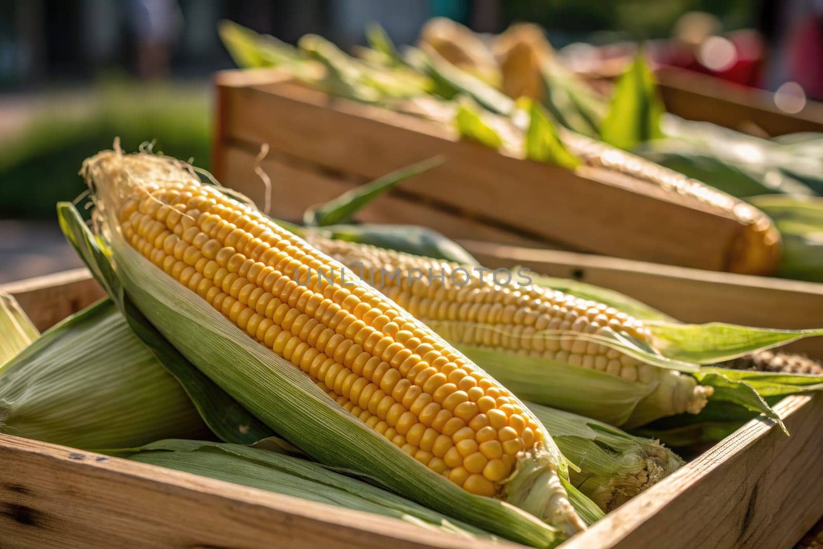 Ears of corn are arranged in wooden crates at a vibrant summer farmers market. The golden kernels glisten under the warm afternoon sunlight, inviting shoppers to enjoy fresh produce.