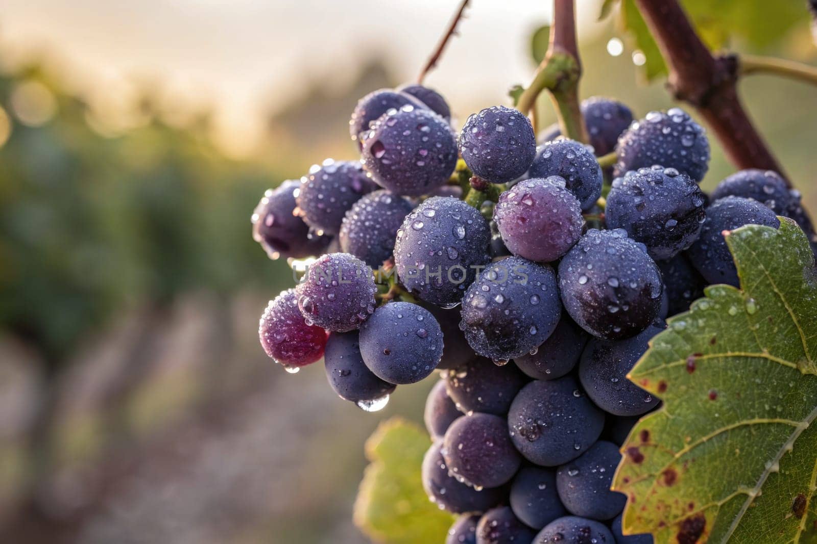Dew-kissed grapes dangle from a lush vine in a sprawling vineyard at dawn. The soft sunlight enhances the vibrant colors as nature awakens, creating a peaceful atmosphere.
