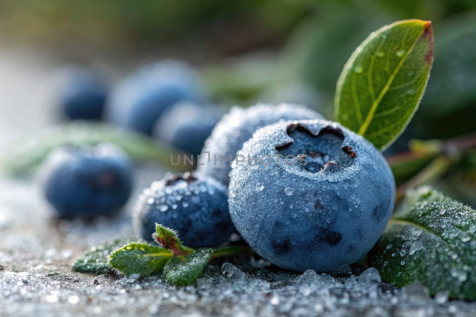 Clusters of fresh, frozen blueberries rest on a textured surface, surrounded by glistening dew and green leaves under soft morning light. The coolness of winter resonates in the scene.