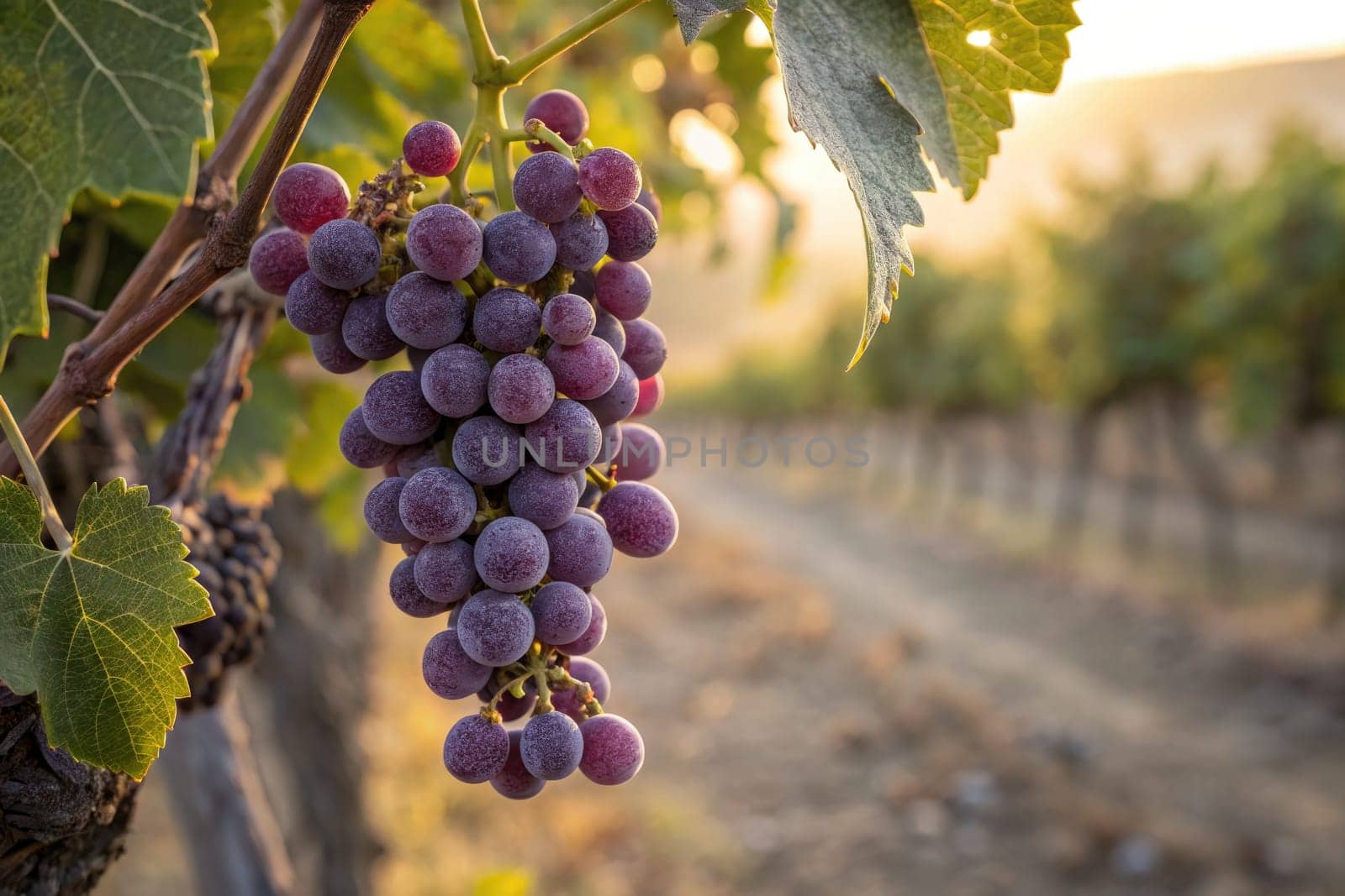 Clusters of ripe purple grapes dangle from a vine in a vineyard as the sun sets, casting a warm glow over the rural landscape, highlighting the lush foliage and the rows of grapevines.