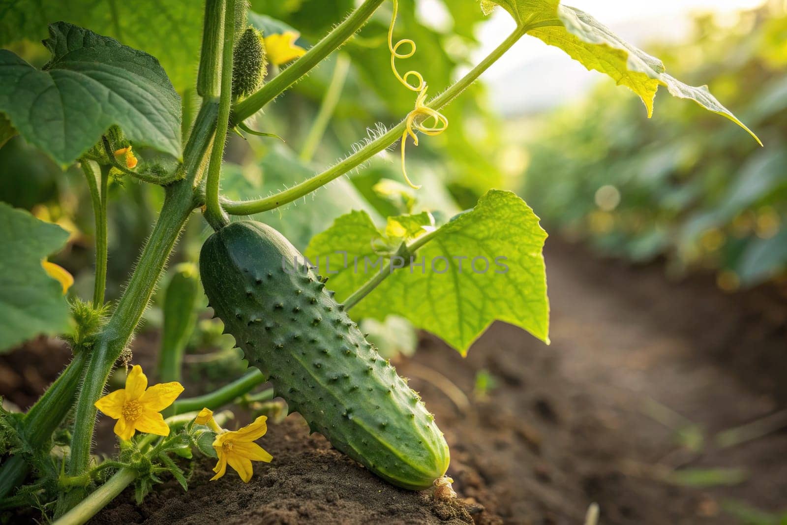 Beneath golden sunlight, a healthy cucumber hangs from its vine surrounded by vibrant green leaves and delicate yellow flowers. This scene captures the essence of summer gardening.