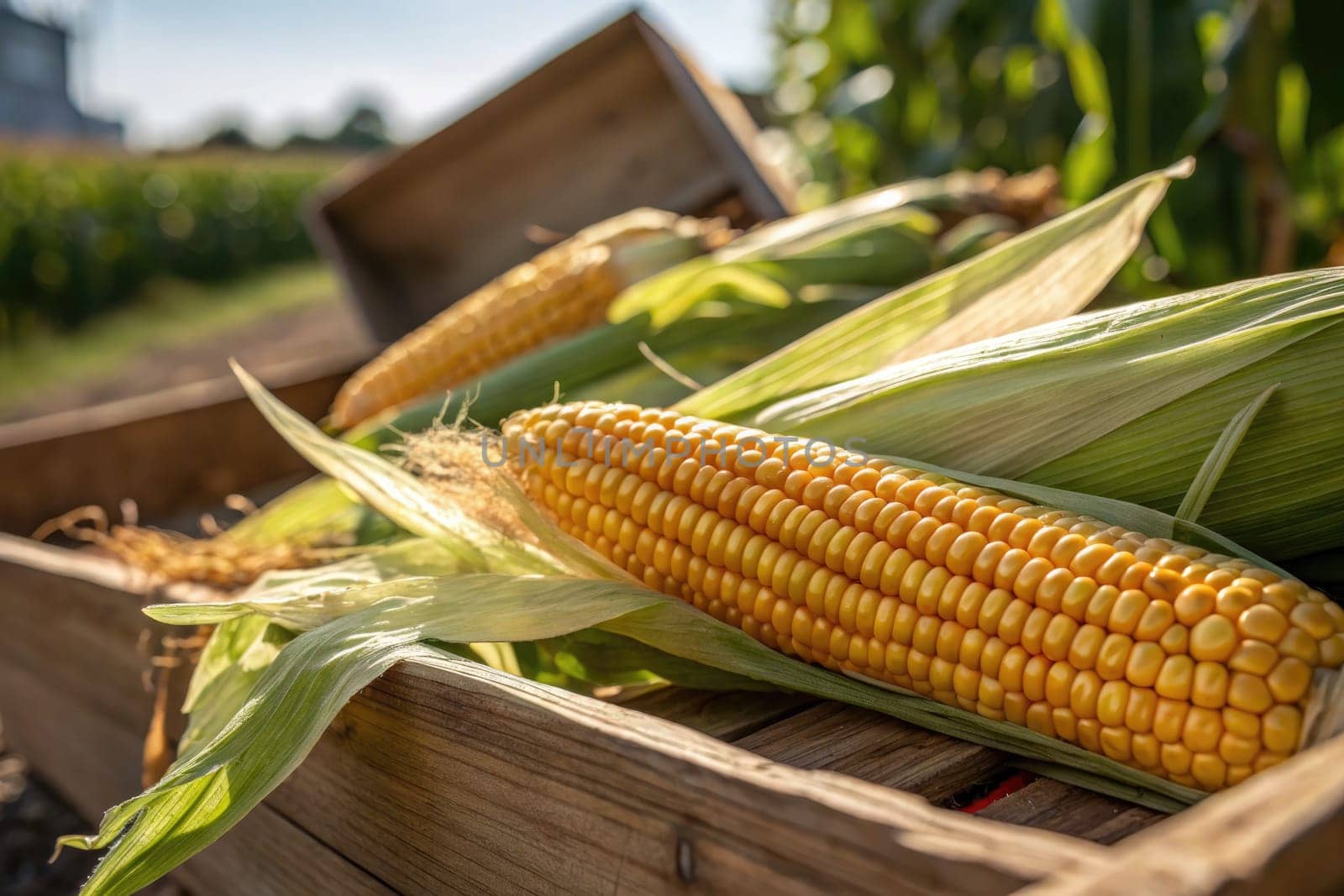 Full ears of corn are arranged in a wooden crate under sunlight, capturing the essence of a bountiful harvest. The setting highlights the beauty of an autumn farm landscape.