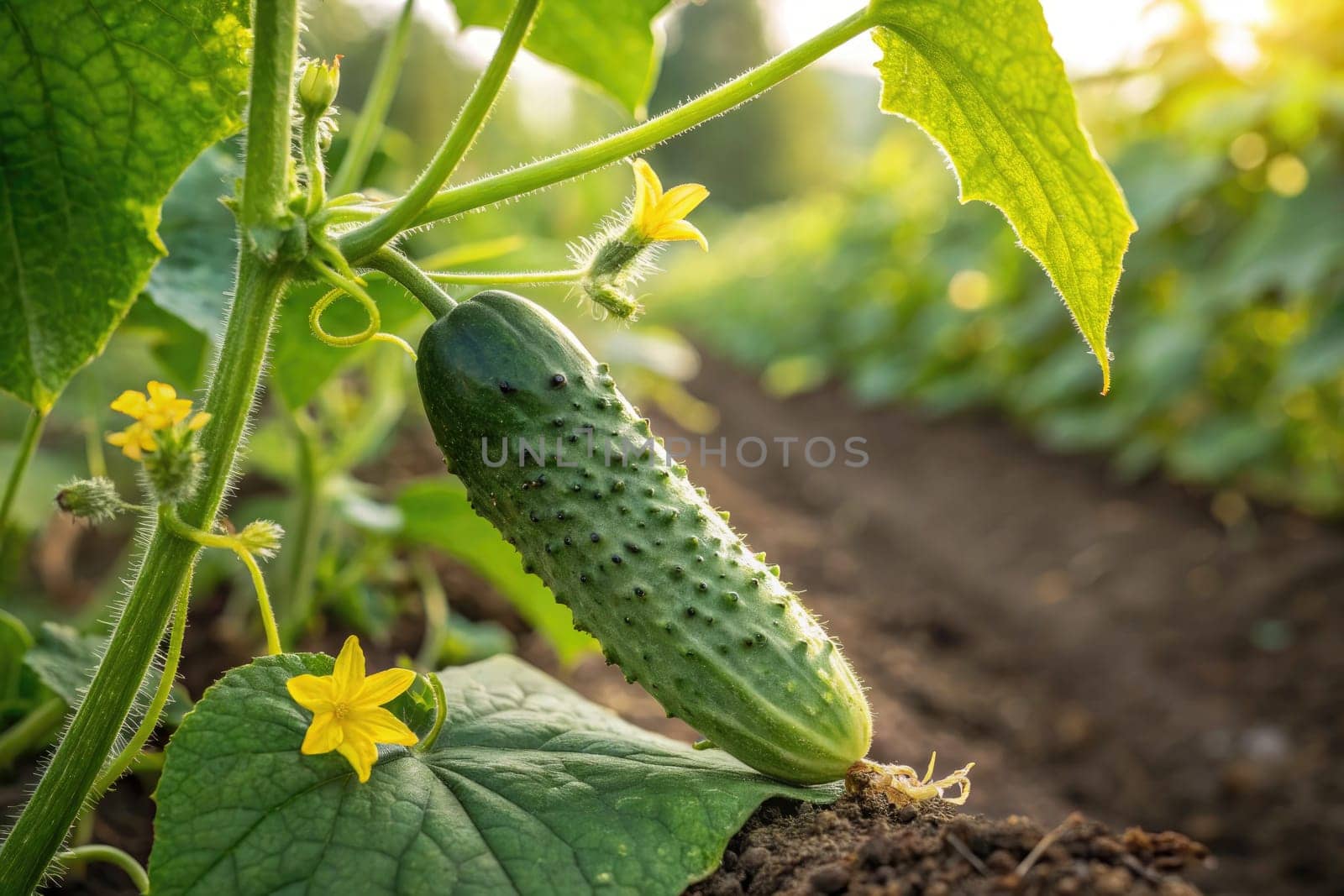 A healthy cucumber is developing on its vine in a field filled with lush green plants. Bright yellow flowers bloom nearby, signaling a thriving agricultural environment in sunlight.