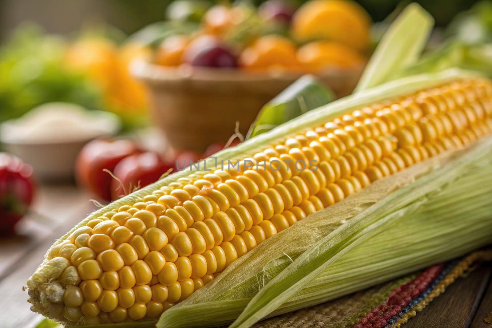 A close-up of a fresh ear of corn on the cob rests on a wooden table. In the background, a basket filled with various colorful fruits and vegetables adds a lively touch to the rustic kitchen ambiance.
