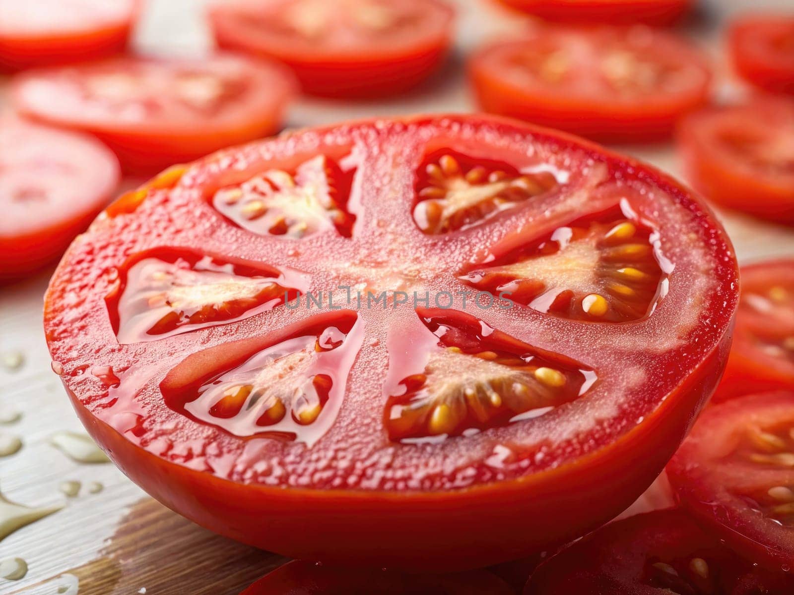 Slices of ripe red tomatoes are arranged on a cutting board. The tomatoes glisten with freshness, highlighting their vibrant color and juicy texture. Perfect for salads or cooking.