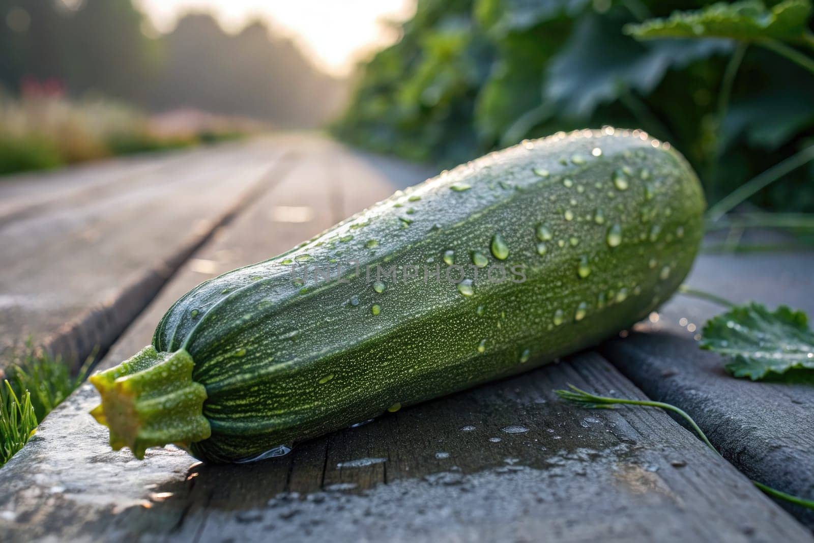 A large, dew-covered zucchini rests on a rustic wooden path in a vibrant garden, illuminated by gentle morning light. Lush greenery surrounds the area, enhancing the tranquil atmosphere.
