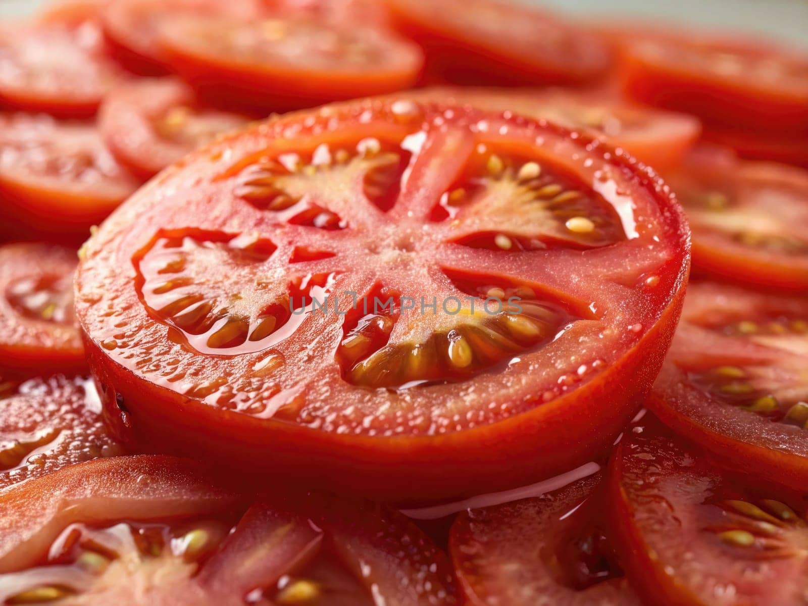 Red tomatoes are sliced evenly and laid out on a white surface, showcasing their vibrant color and juicy texture. Ideal for salads or garnishing dishes, this display highlights freshness.