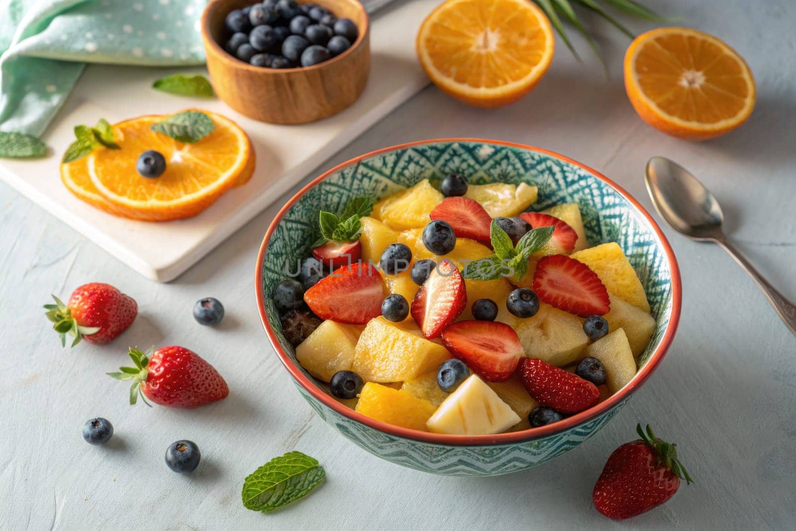 A vibrant fruit salad features fresh strawberries, blueberries, and oranges arranged in a decorative bowl. Mint leaves add a pop of color, enhancing the refreshing summer vibe of the dish.
