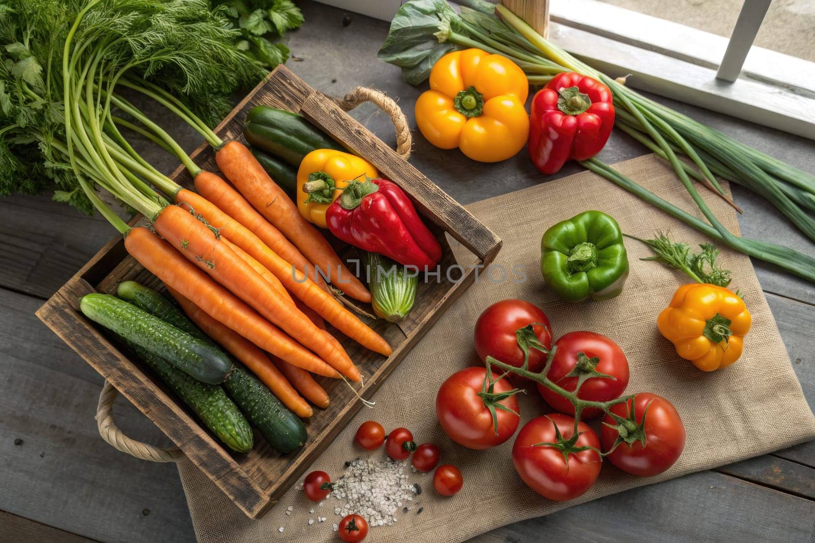A basket filled with vibrant carrots, cucumbers, peppers, and tomatoes is displayed on a wooden surface. Fresh herbs enhance the natural appeal of this garden harvest in sunny light.