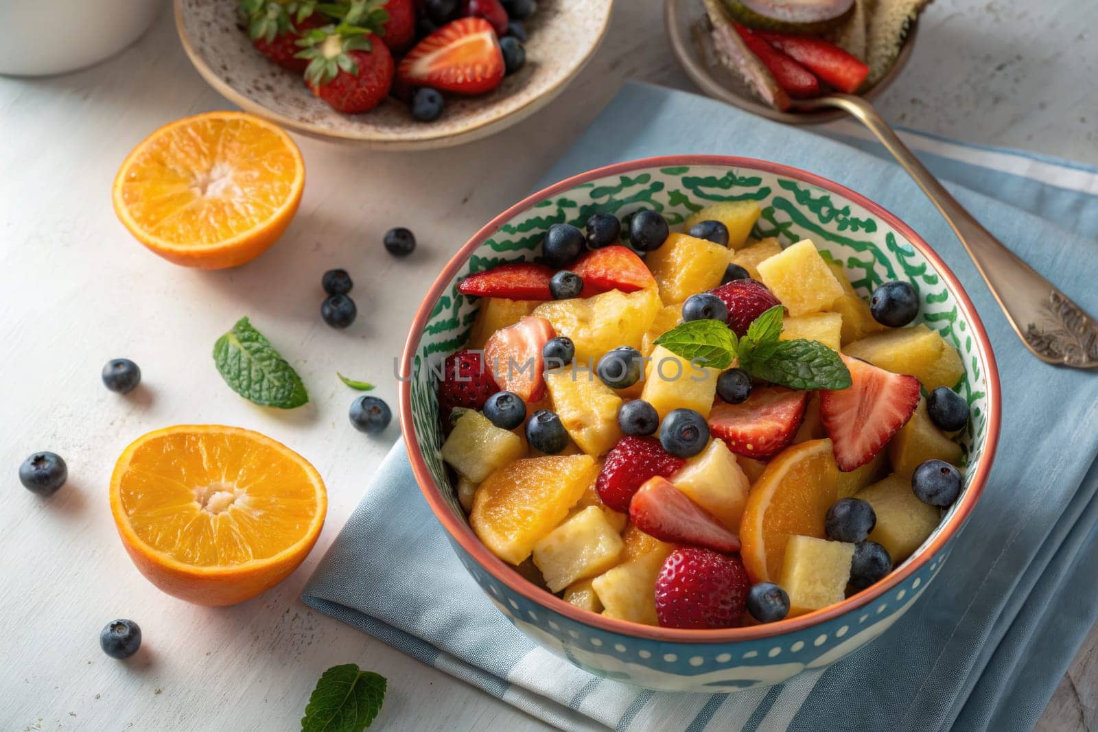 A vibrant bowl of fruit salad features diced pineapples, strawberries, blueberries, and orange slices garnished with mint leaves. The refreshing dish is presented on a light table setting.