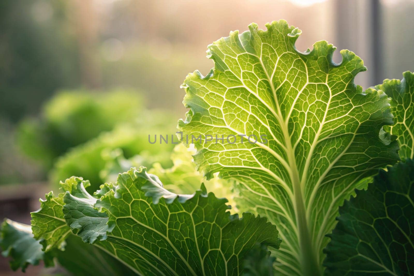 Sunlight filters through vibrant green cabbage leaves in a garden in the late afternoon. The intricate veins and textures of the foliage highlight the freshness of the vegetables.