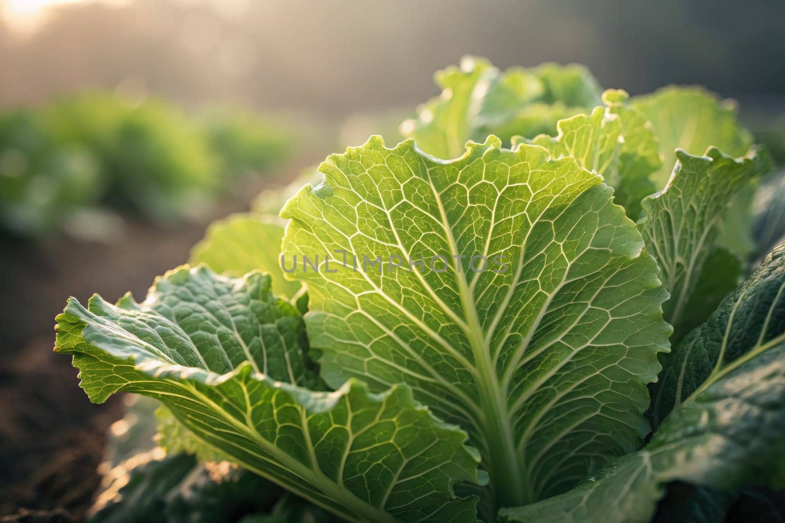 Lush cabbage leaves grow prominently in a garden, illuminated by warm sunlight. The intricate patterns and vibrant colors reflect healthy plant life.