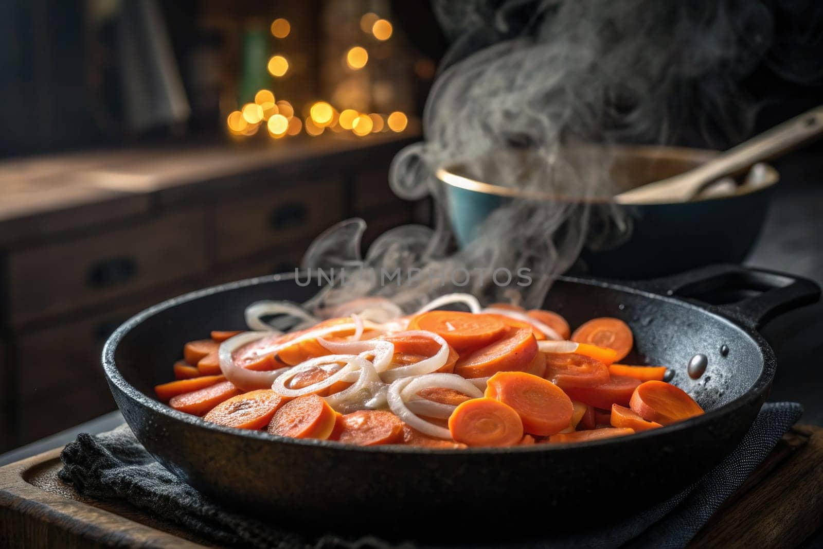 Fresh orange carrots and white onions are sautéed in a skillet with steam rising above. The warm atmosphere is enhanced by soft lighting in the background, creating a homey kitchen vibe.