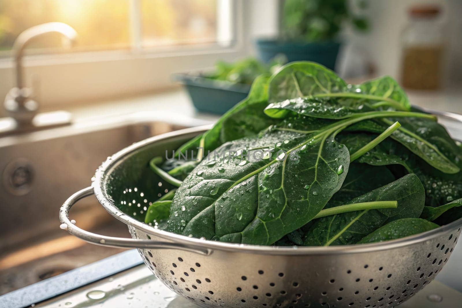 A colander filled with freshly washed spinach leaves is placed by a sunny kitchen window. Raindrops glisten on the vibrant green leaves, showcasing their freshness for meal preparation.