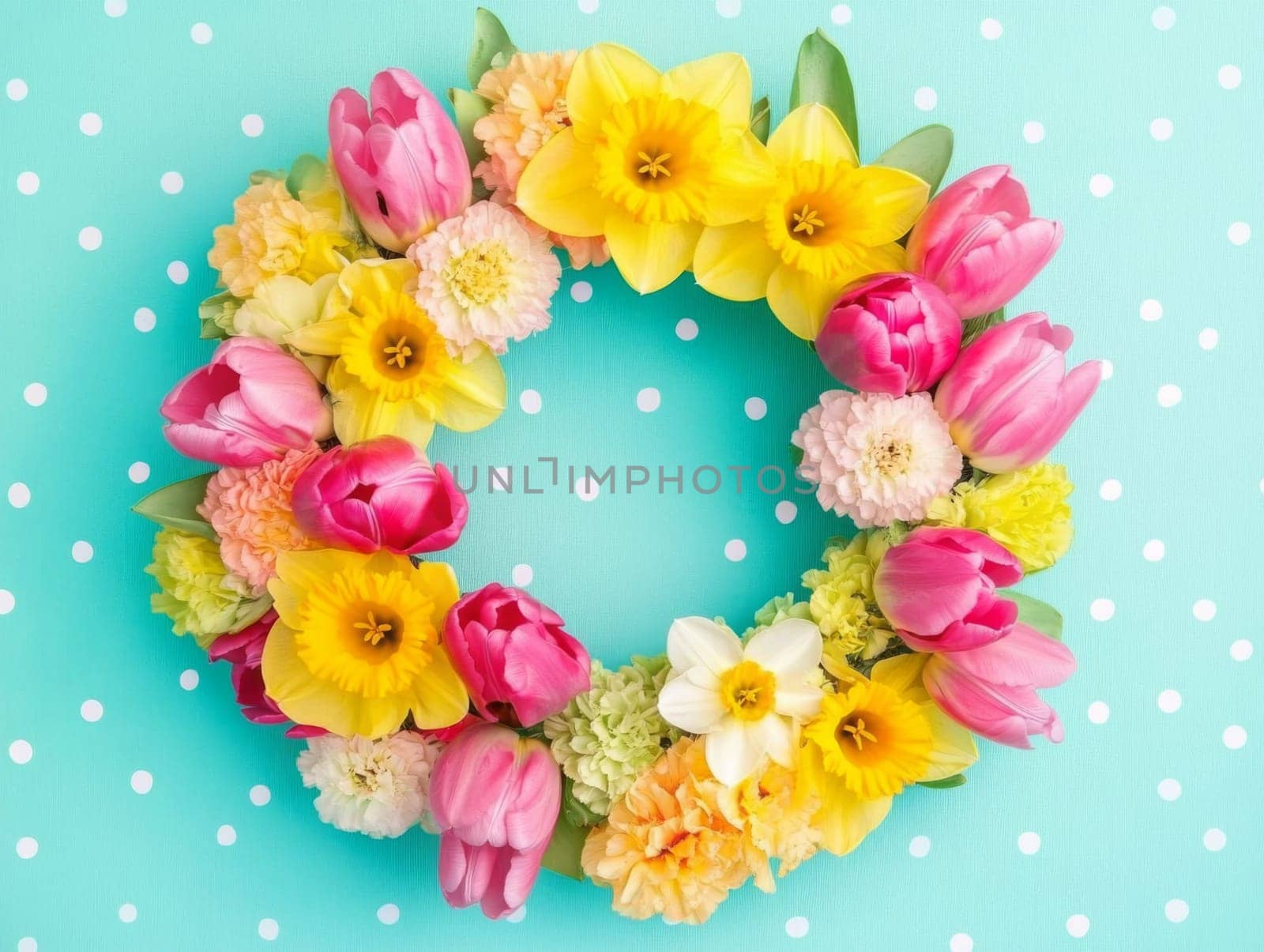 Celebrate spring with this vibrant wreath of daffodils, tulips, and assorted blooms, perfect for brightening any indoor or outdoor space during the sunny season