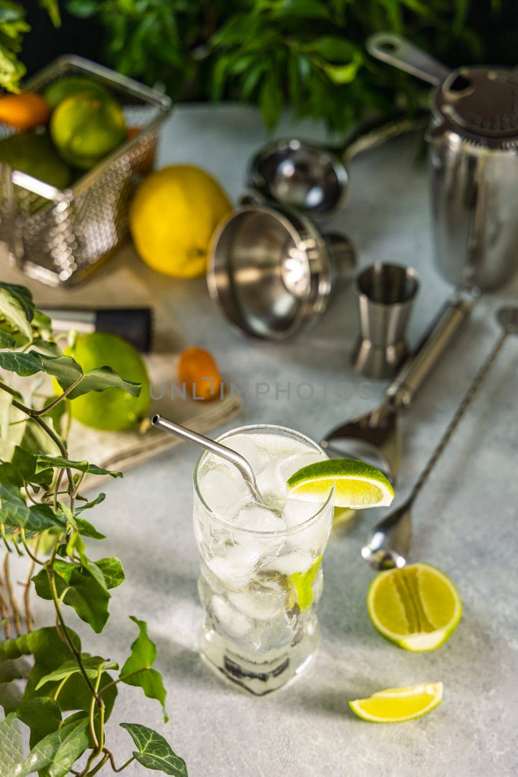 Gin and tonic cocktail being prepared with reusable metal straw, ice cubes, and lime slices, surrounded by bartender tools and fresh ingredients