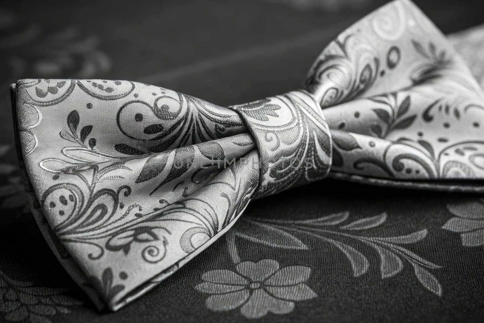 A beautifully crafted bow tie features intricate patterns in shades of gray. This accessory lies elegantly on a dark surface adorned with floral designs, showcasing its luxurious appeal.