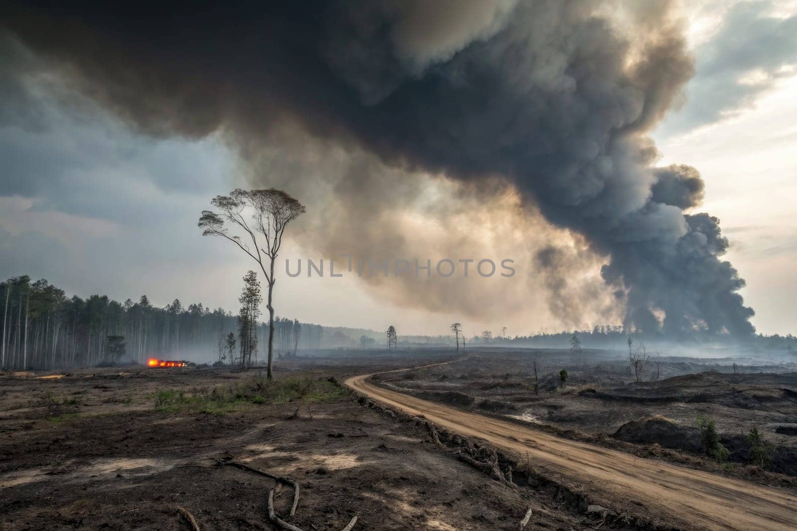 Thick black smoke rises from a raging wildfire in a scorched landscape. A dirt road runs through the charred terrain where trees stand, engulfed in flames and visible devastation.