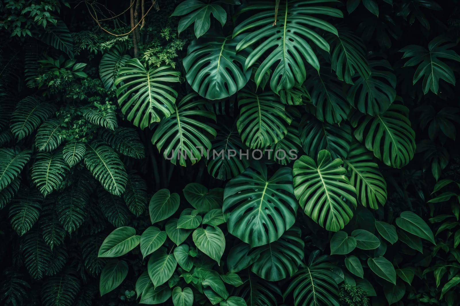 Dense foliage fills the view, showcasing a variety of lush green leaves in multiple shapes and sizes. This thriving plant life offers a vibrant and serene atmosphere, perfect for nature lovers.