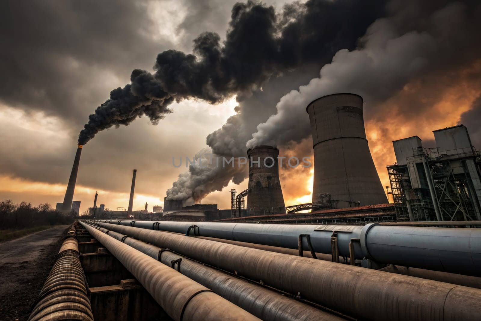 Thick black smoke billows from chimneys of a power plant as the sun sets, casting an orange glow on the clouds. Pipes line the foreground, emphasizing industrial activity in the area.