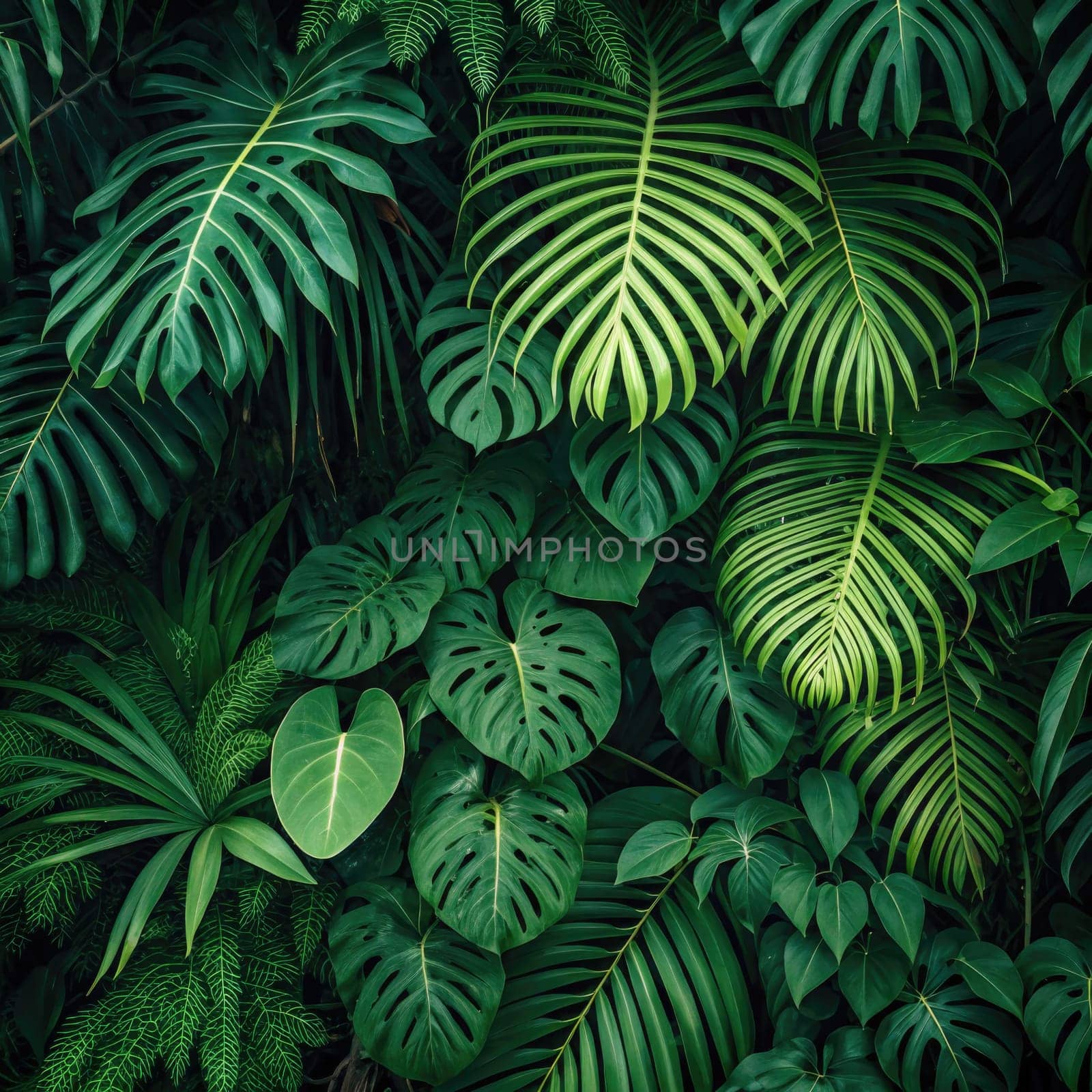An array of diverse tropical leaves fills the view, showcasing a rich blend of green shades. The foliage thrives in a humid environment, capturing the essence of a lively forest ecosystem.