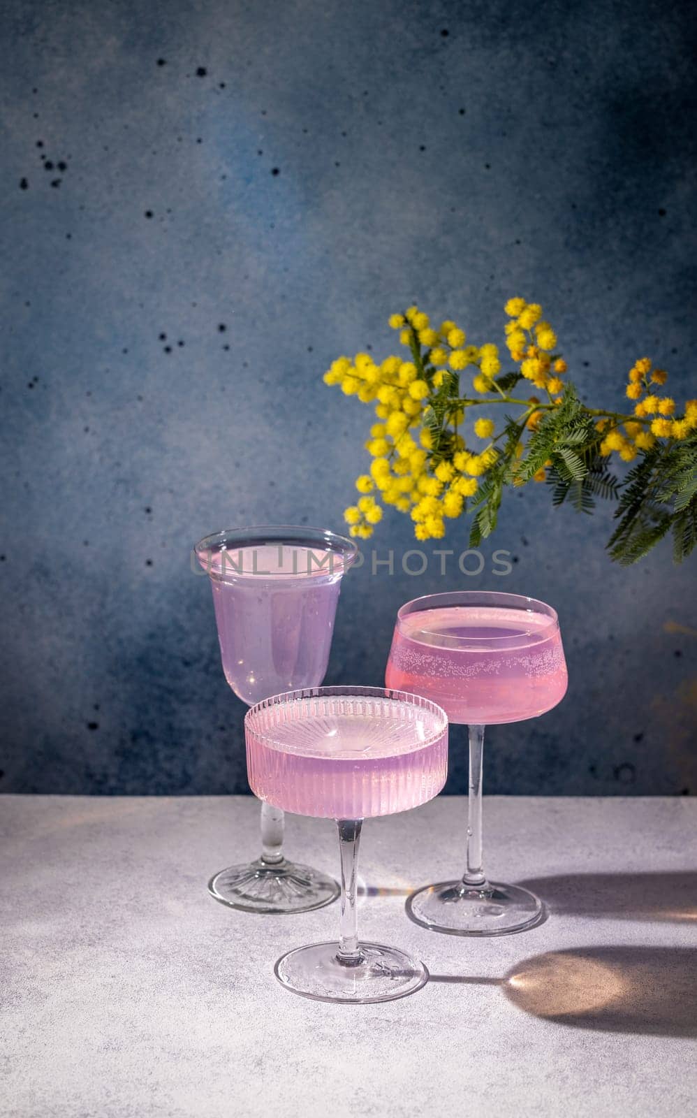 Three elegant glasses filled with pink cocktails stand on a table, accompanied by a branch of mimosa flowers, creating a festive atmosphere