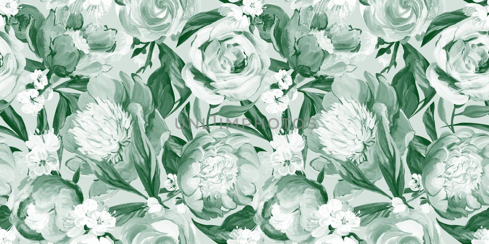 Botanical seamless pattern with peonies and sakura branches drawn in gouache for textile and design