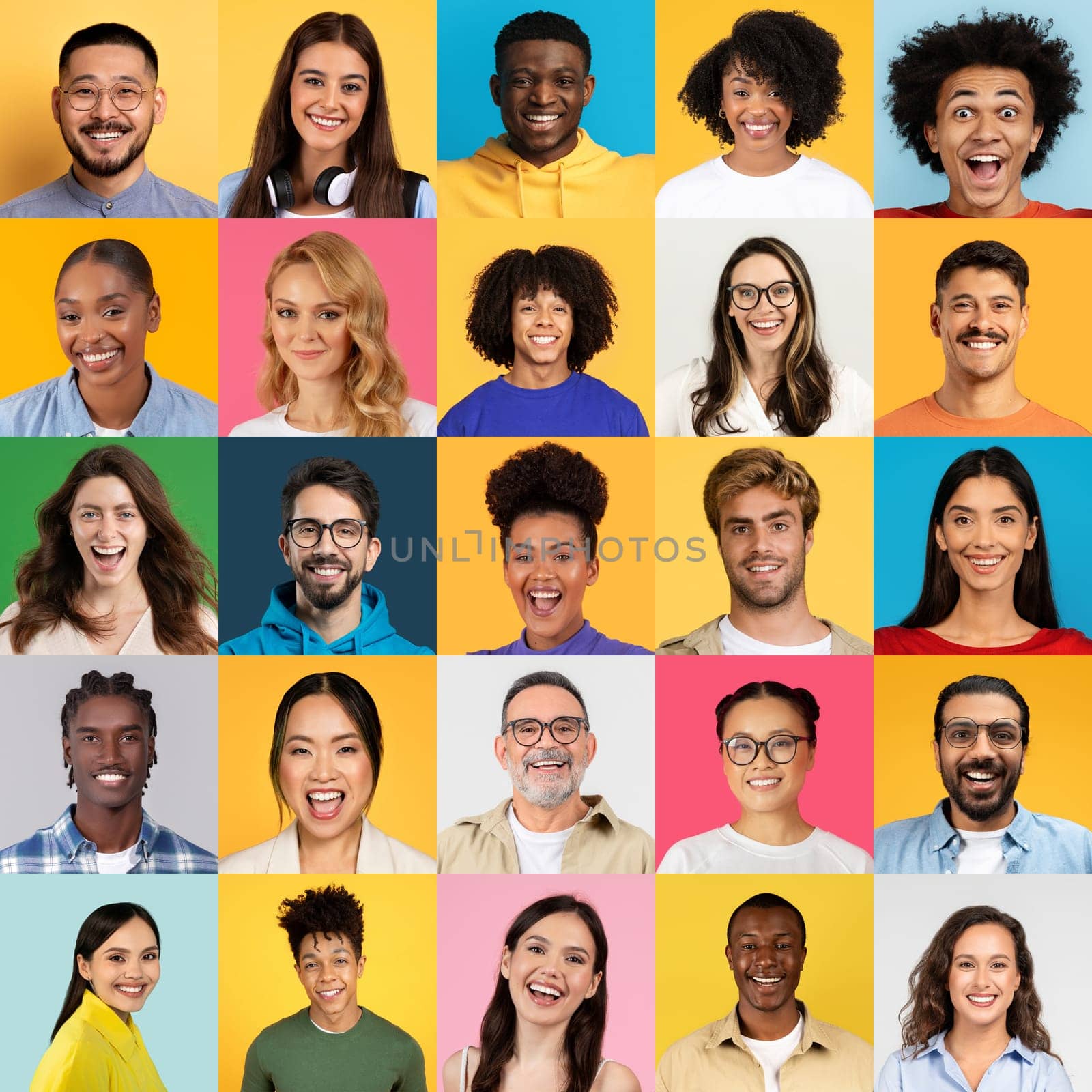 A colorful collage showcases cheerful individuals from various backgrounds, each expressing joy and positivity. The collection highlights the beauty of diversity in lifestyle and youthfulness.