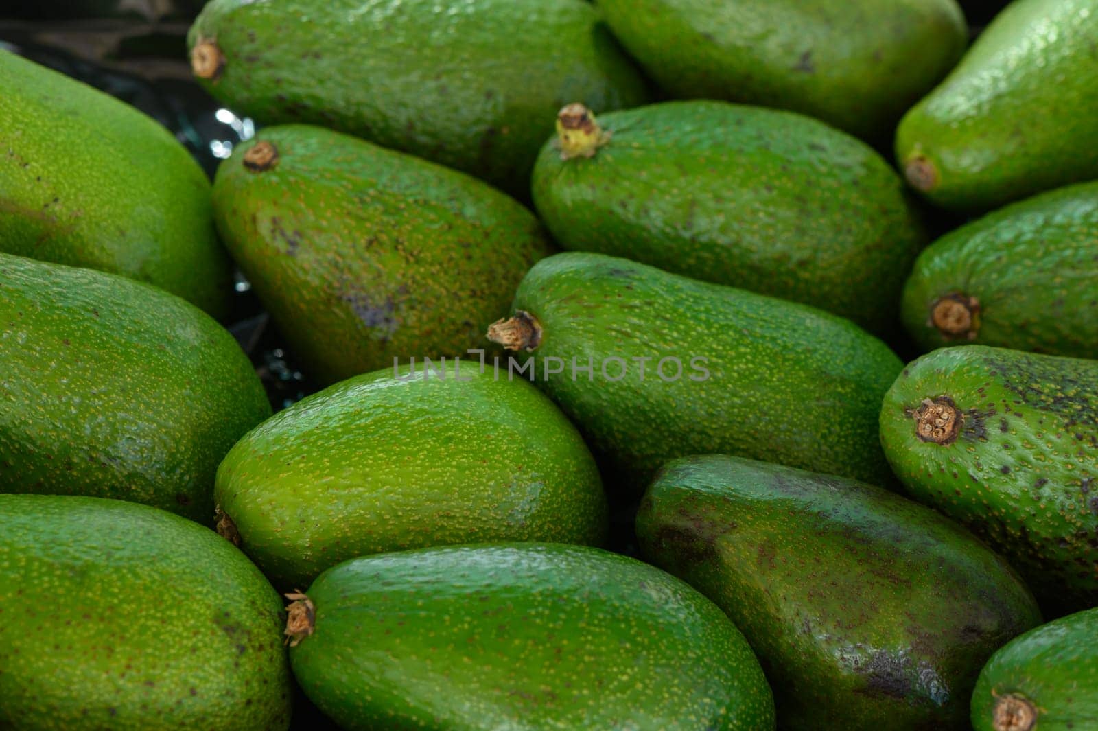 Several ripe avocados fill the display at a bustling market on a sunny summer day. Their rich green color and smooth texture attract attention, beckoning buyers for fresh culinary delights.