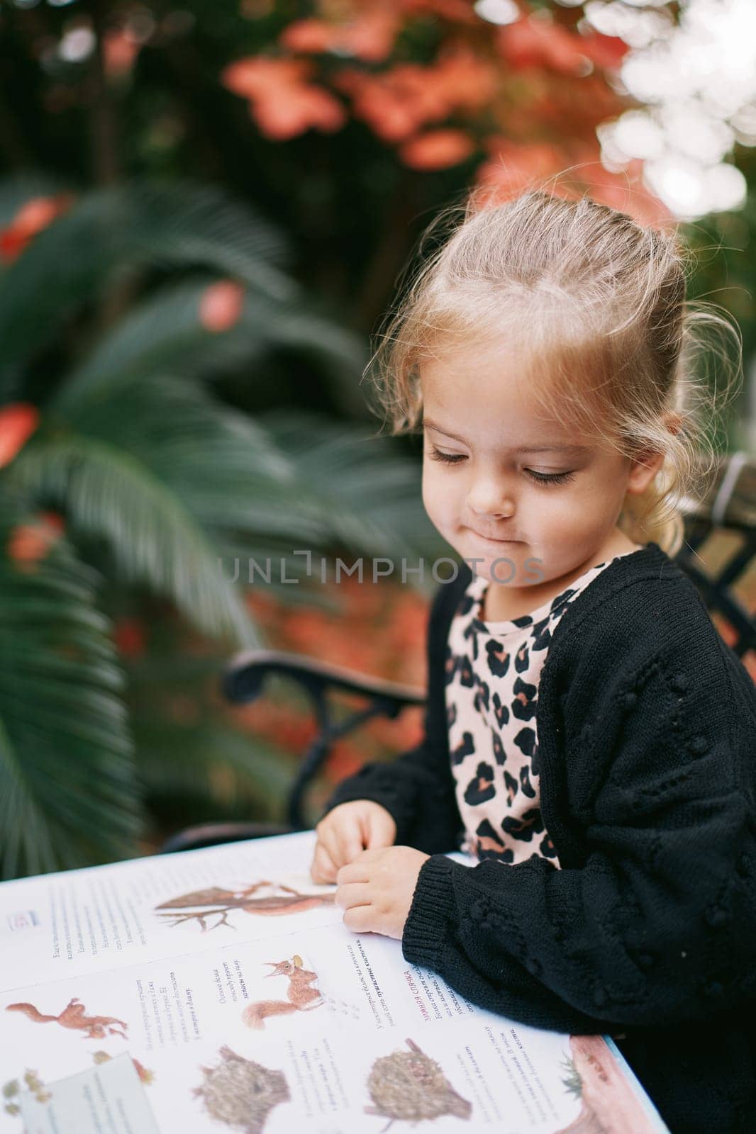 Little girl thoughtfully reads a book of fairy tales while sitting on a bench in the autumn garden. High quality photo