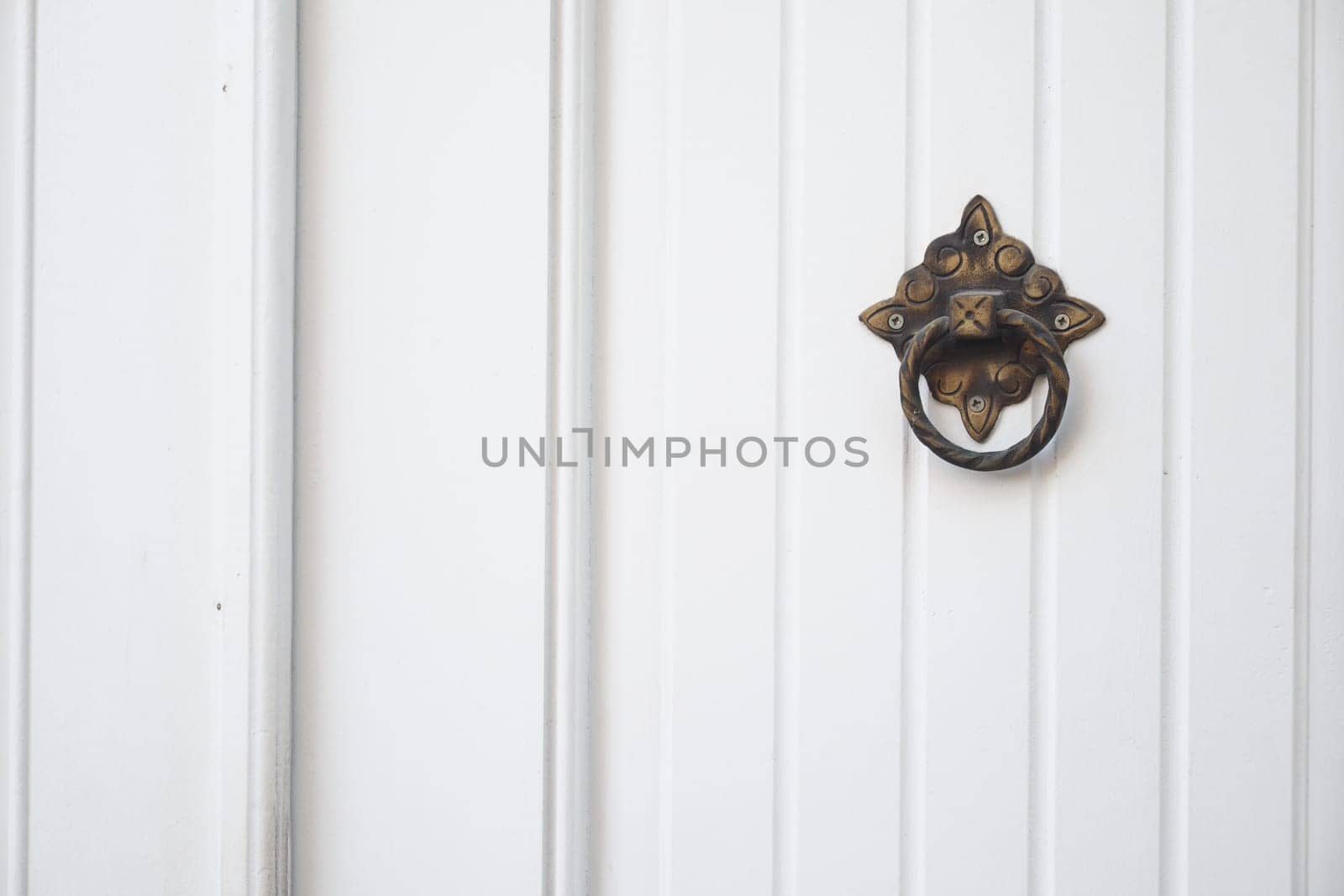 An elegant brass door knocker adorns a white wooden surface.