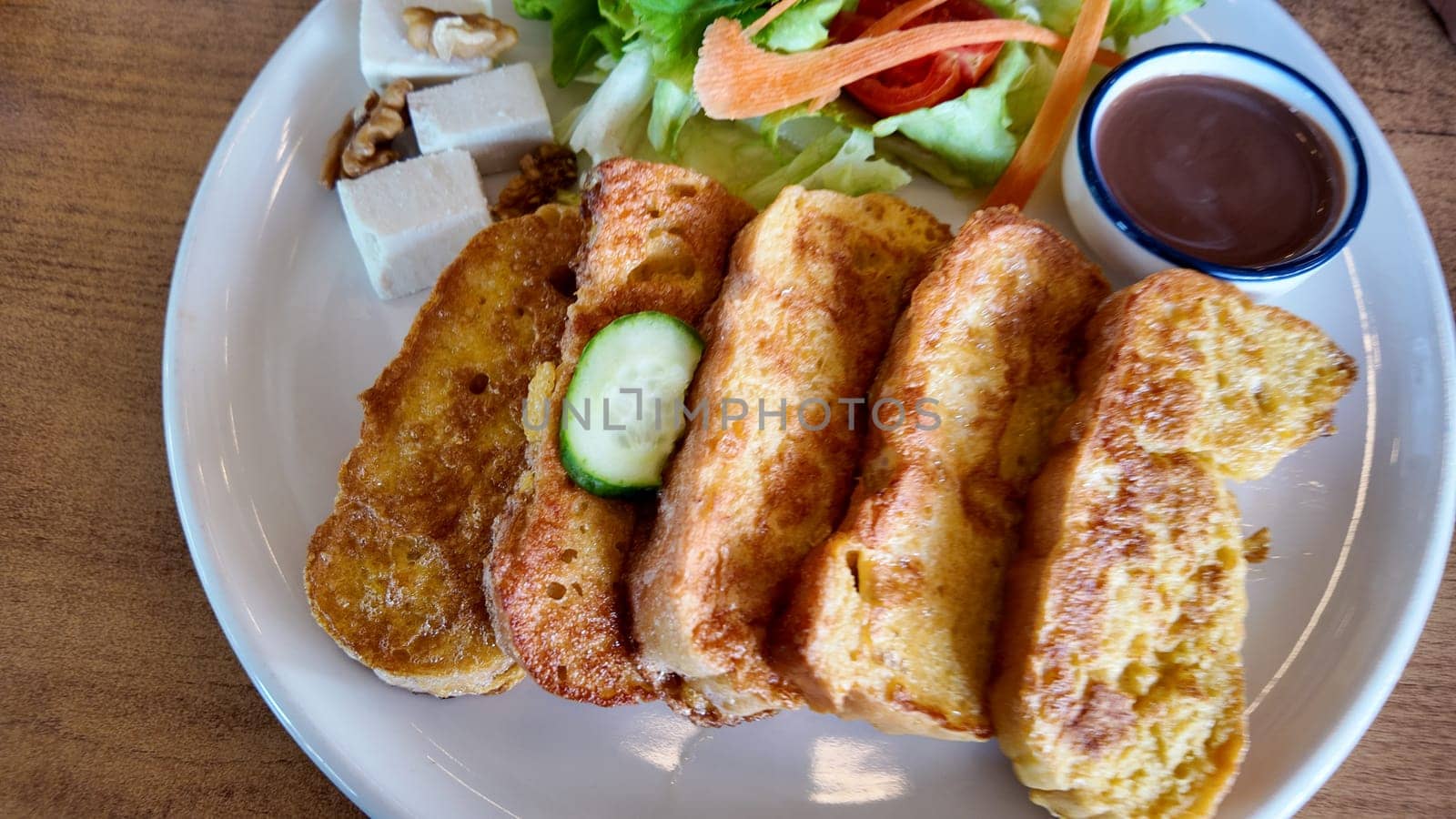 Delicious French Toast Breakfast With Fresh Salad and Dipping Sauce,