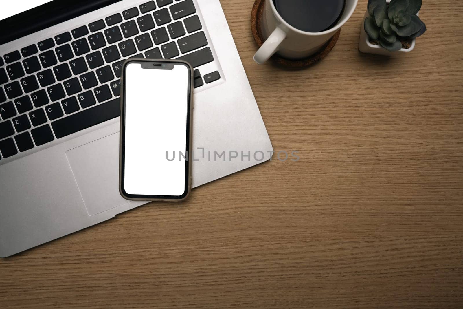 Smartphone with blank screen, laptop, coffee cup, and succulent plant on wooden desk.