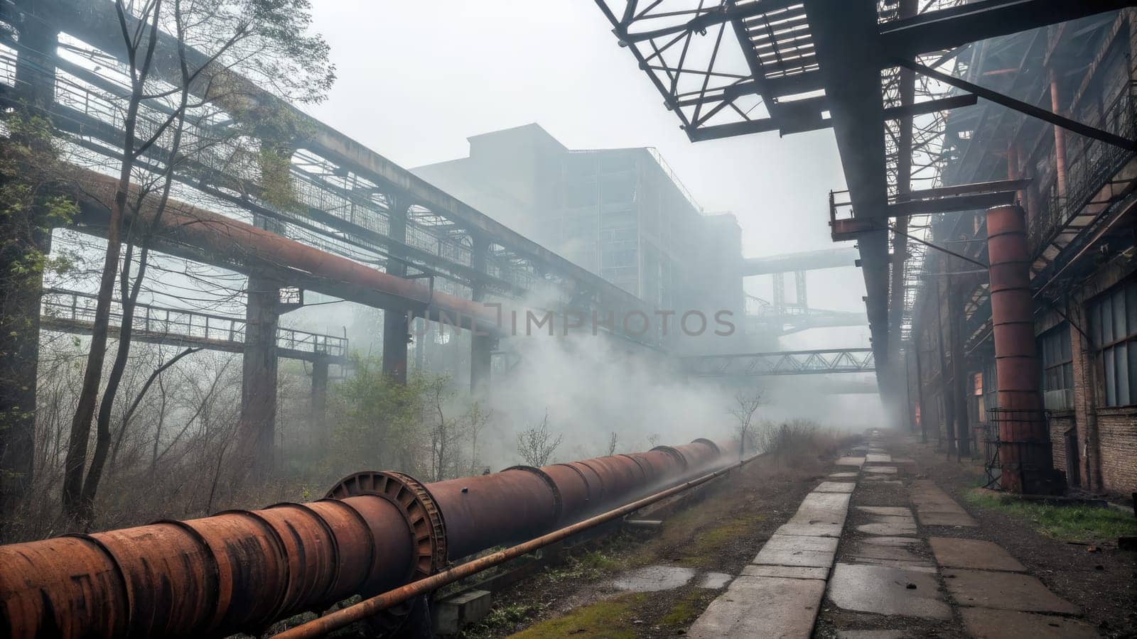 An eerie landscape shows decaying factories enveloped in thick fog. Rusted pipes line the path, surrounded by overgrown vegetation, revealing the aftermath of environmental neglect and pollution.
