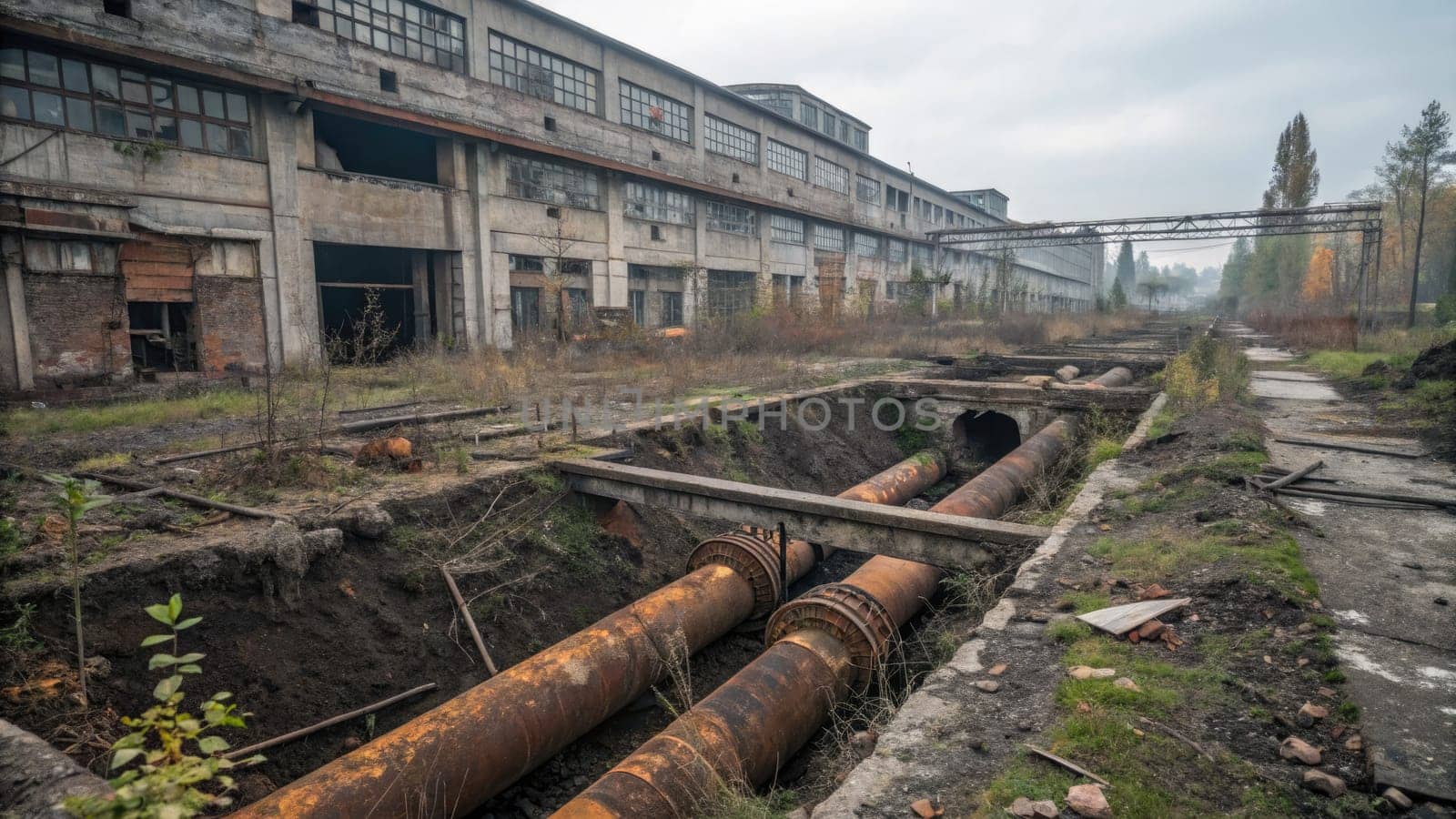 A desolate industrial site reveals large rusted pipes and overgrown vegetation, emphasizing ecological devastation and pollution. The former factory buildings loom in the background under a gray sky.