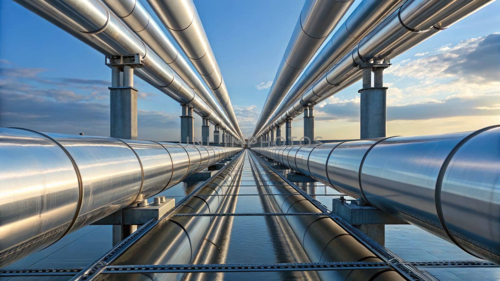 Pipelines are aligned in a symmetrical pattern over a body of water, reflecting the clear blue sky.
