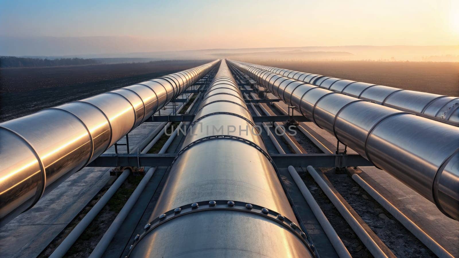 Metal pipelines extend into the horizon, reflecting the soft glow of early morning light over a vast industrial area. The landscape combines modern technology and natural beauty.