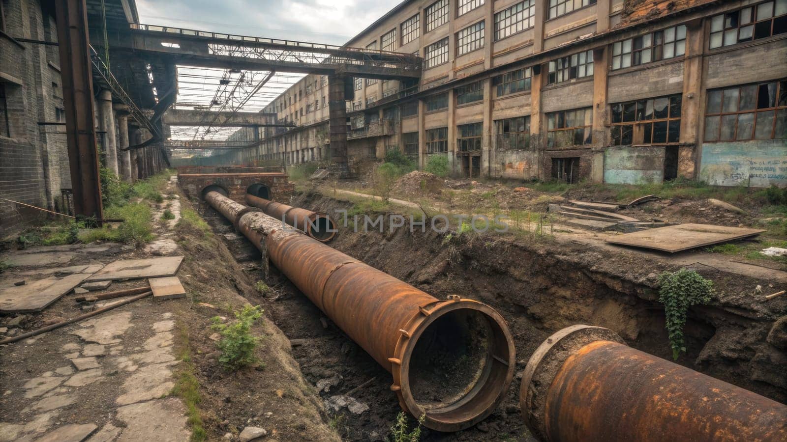 Once a thriving industrial complex, now abandoned and overrun by nature, revealing rusted pipes and environmental decay. The landscape illustrates the consequences of pollution and ecological neglect.