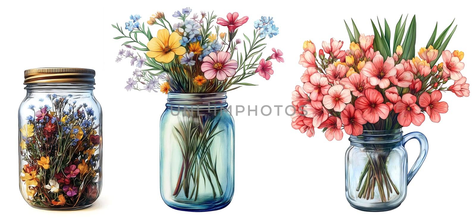 Three glass jars showcase vibrant bouquets of flowers, each displaying a variety of colors and types. The jars are illuminated against a white background, emphasizing their freshness and beauty.