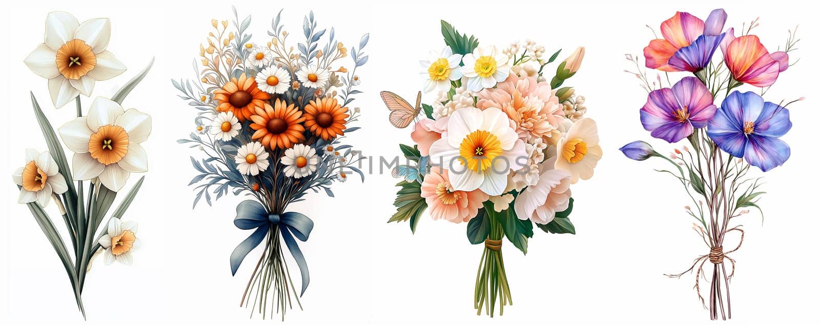 A collection of four stunning floral arrangements showcases various flowers in vibrant hues, complete with delicate details and lush foliage, ideal for spring decorations or gifts.