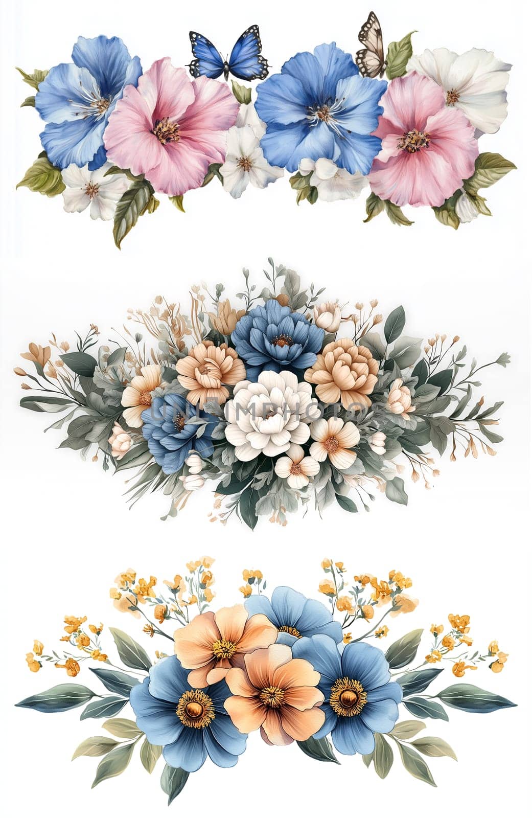 Delicate blooms in shades of blue, pink, and white create three stunning floral arrangements. Butterflies rest on the flowers, adding a whimsical touch to the vibrant display of nature.